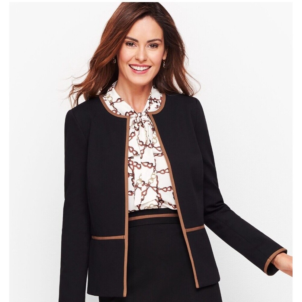 Talbots Italian Luxe Knit Jacket Black With Brown Trim Blazer  Sz 14 $199